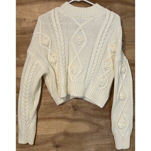 ivory cable knit sweater mock neck, long sleeve flower appliqués Small Forever21